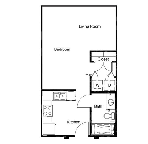 Floor plan for studio, 1 bath, 523 sqft